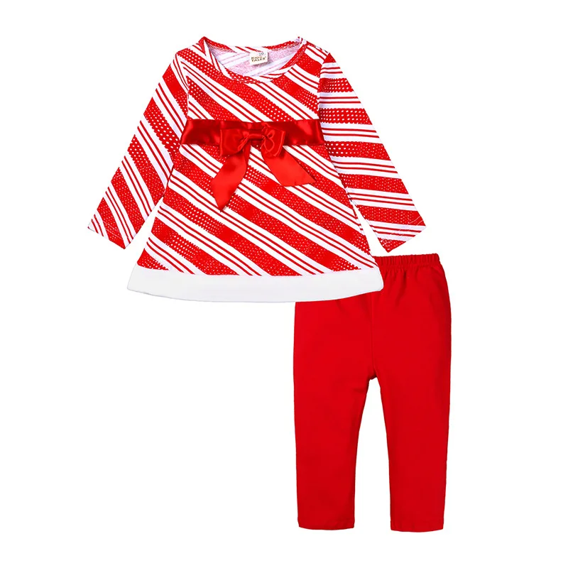 

Hooyi Girls Christmas Clothes Outfit Long Sleeves Red Striped Shirt Pants Sets Santa Xmas Costume Bow Knot Jacket Tops Trousers