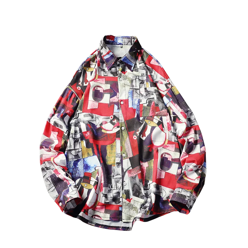 Мужская винтажная рубашка свободная дизайнерская с геометрическим принтом