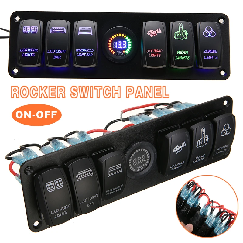 

1pc 12V/20A 24V/10A Car 6 Gang Rocker Switch Panel Circuit Control Breaker Headlight Word Light ON/OFF LED Voltmeter DIY Parts