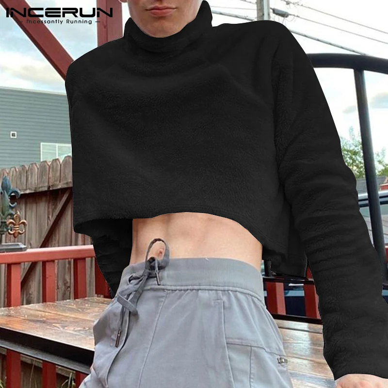

INCERUN Tops 2021 New Mens Fashion Long Sleeve All-match Sweatshirts Winter Furry Pullovers Male Stylish Truncated Sweater S-5XL