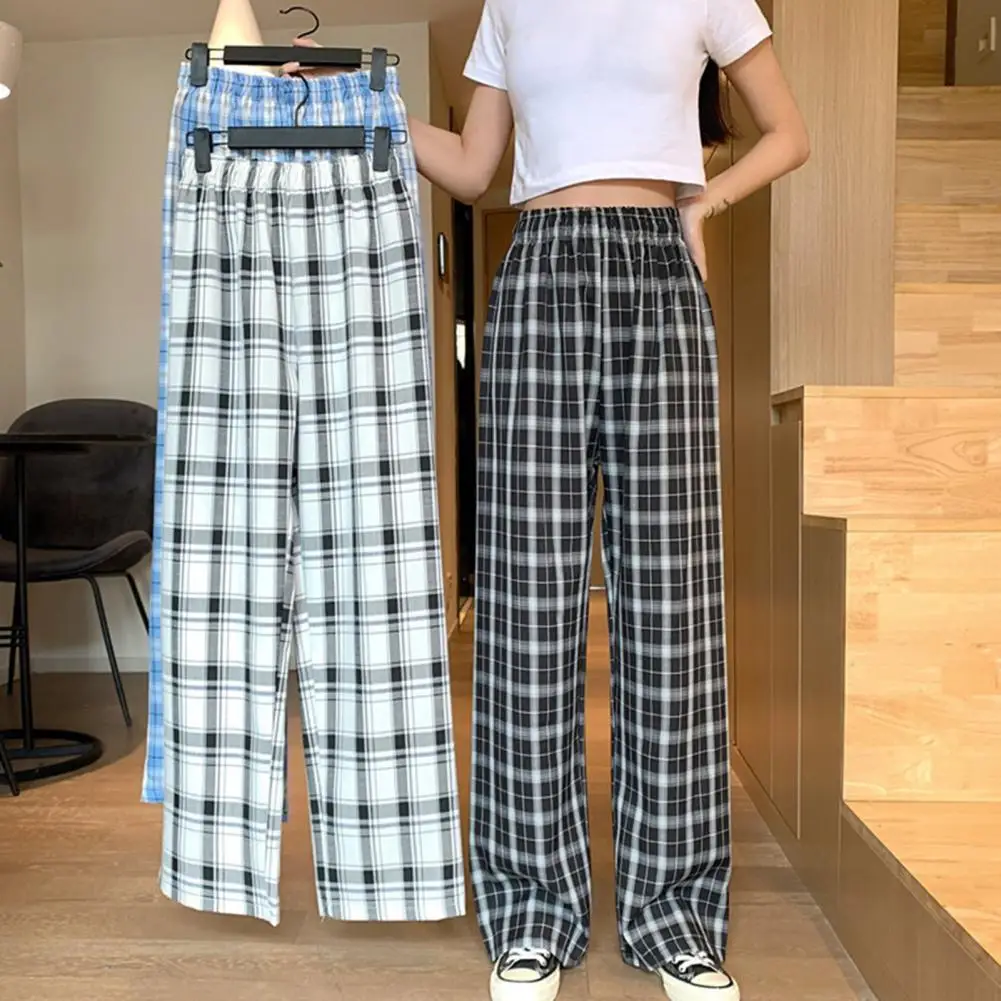 

Fashion Vintage Women's Loose Summer Pants Soft Women Pants High Waist Breathable Trousers Elastic Plaid Straight Wide Leg Pants