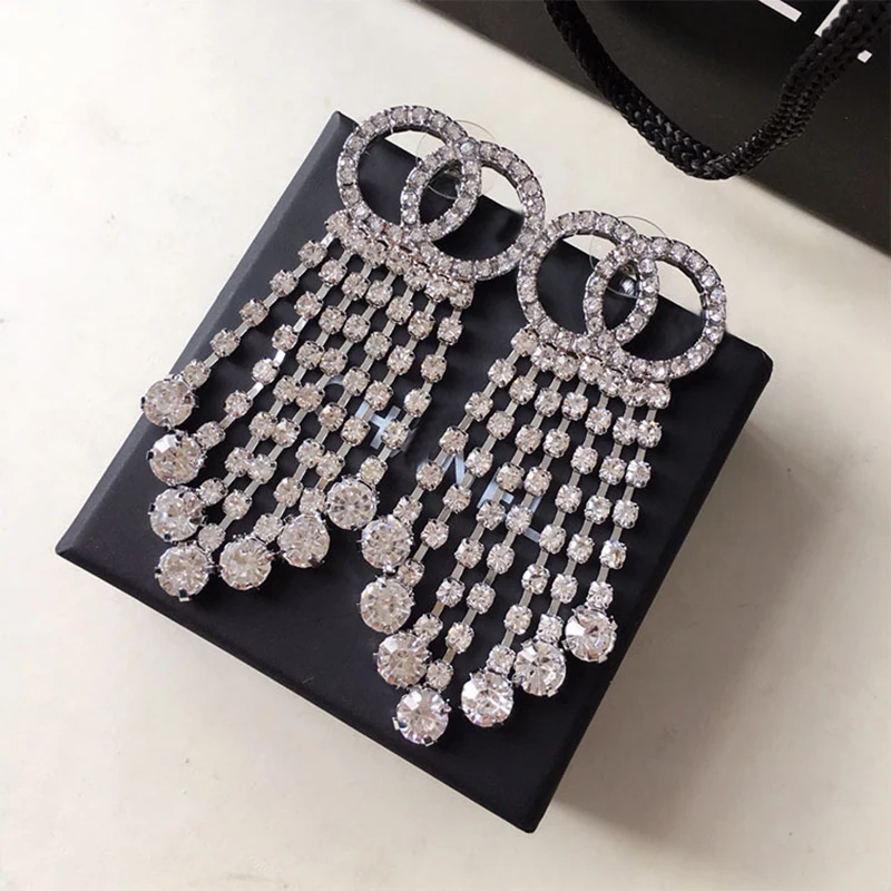 

Nightclub Rippling Shine Diamond Chandelier Long Tassel Earrings Ladies Dramatic Cluster Ear Clip