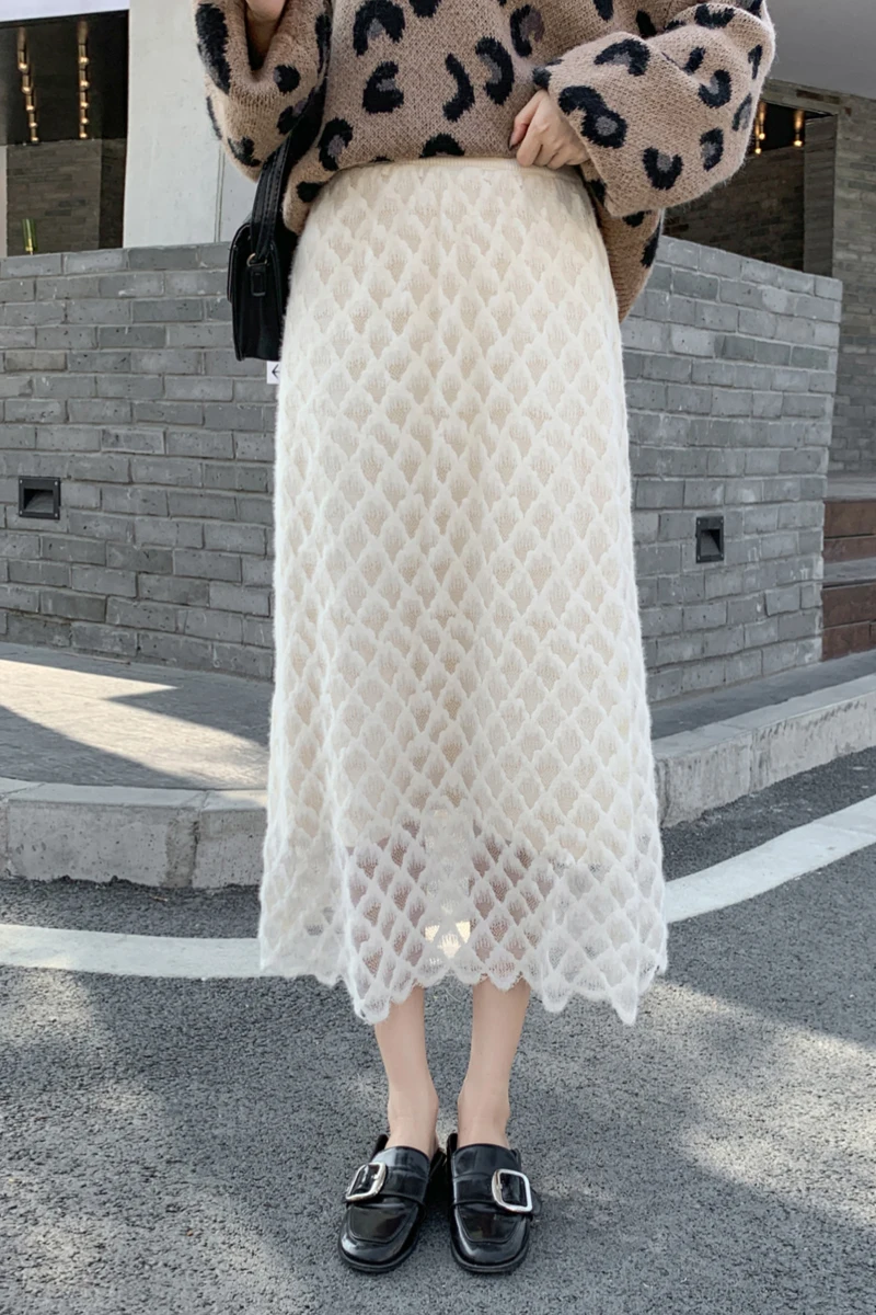 

BornSra 2020 Autumn and Winter Knitted Skirt Can Be Worn on Both Sides Women's Lace Midi A- Line Skirts