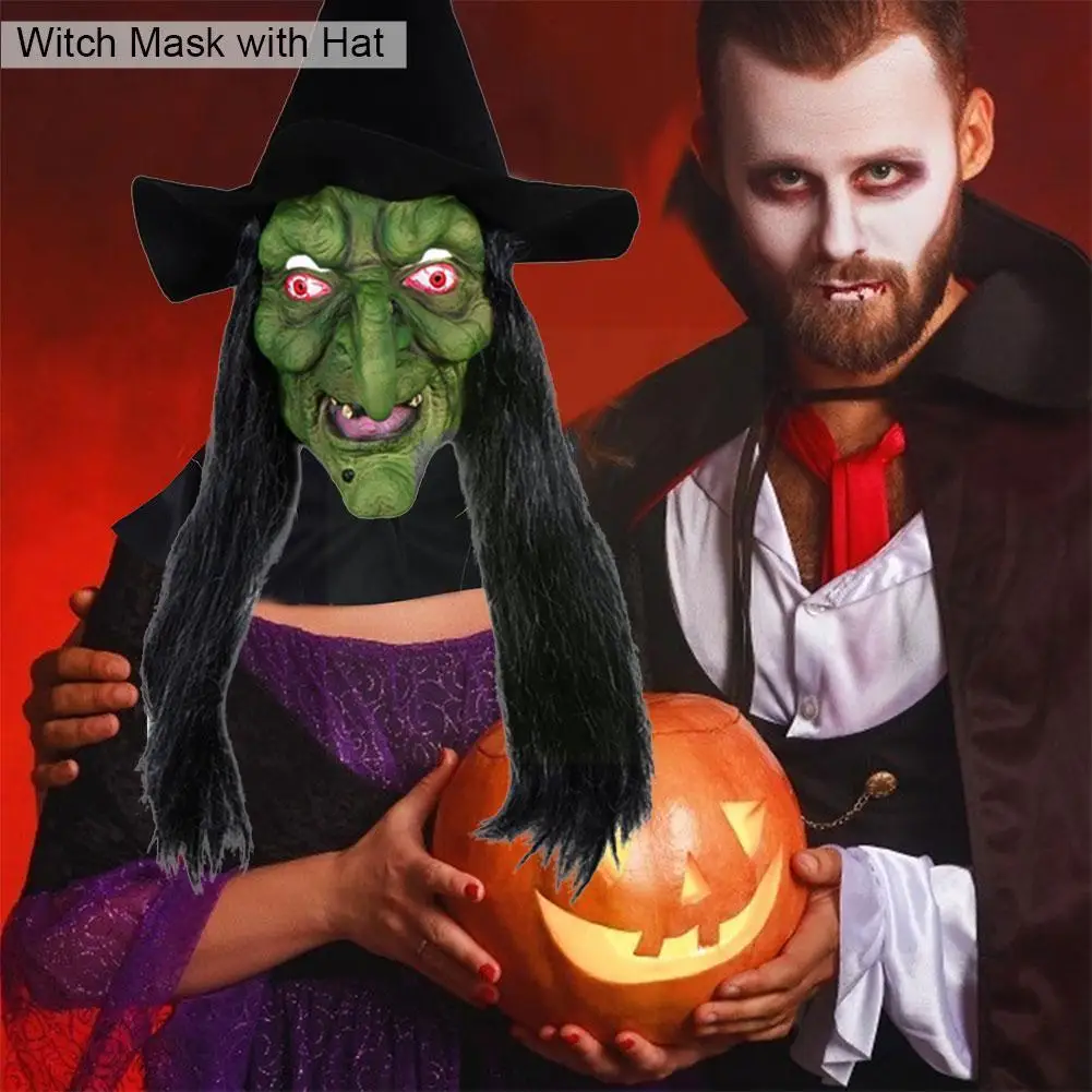

Хэллоуин, ужас, старая ведьма с шляпой, косплей, страшный клоун, большой S костюм, Зеленый нос, Хаг, древвечерние, лицо, латексные женские E4a1