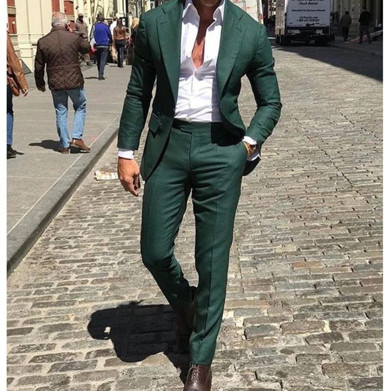 Latest Design Dark Green Notched Lapel With One Button Men Suits Slim Fit  2 Pieces Costum Homme Groom Tuxedos Terno Masculino