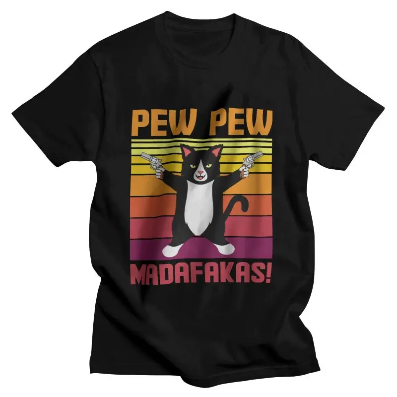 

Винтажная забавная черная футболка с котом, мужские стильные футболки, 100% хлопок, футболки с коротким рукавом Pew Madafakas, футболки, Подарочная ...