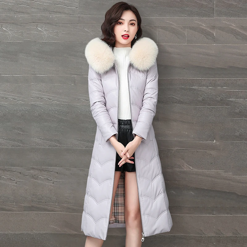New Women Leather Down Coat Autumn Winter 2022 Fashion Soft Real Fox Fur Collar Hooded Solid Slim Long Sheepskin Down Jacket