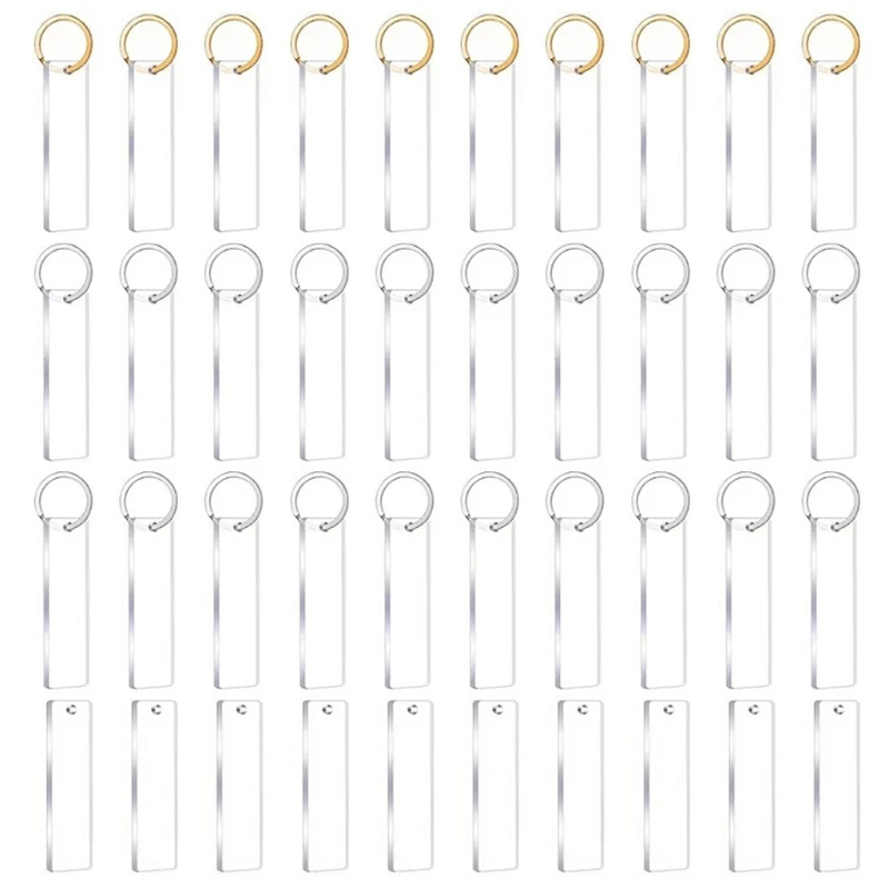 

E56A 40Pieces Blanks Song Key Chain Acrylic Keychains Blank Acrylic Transparent Rectangle Discs with 30Pieces Metal Key Chain
