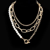 kunjoe women vintage multilayer geometric necklace ot buckle imitation pearl choker ladies iced out tennis chain bohemia jewelry