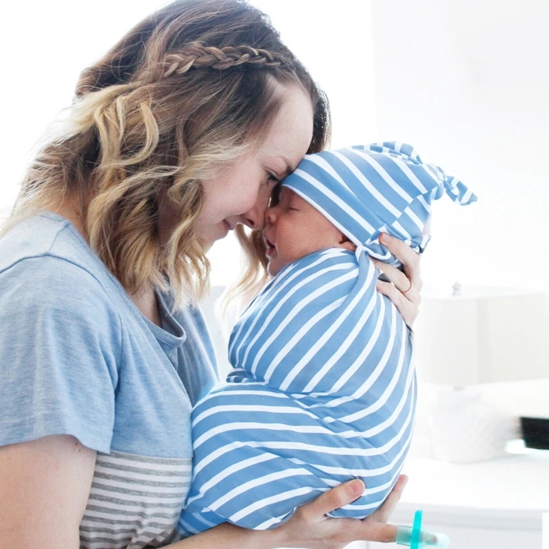 

Baby Swaddle Wrap Beanie Stripe Pattern Receiving Blanket+Tail Knot Hat Set popular