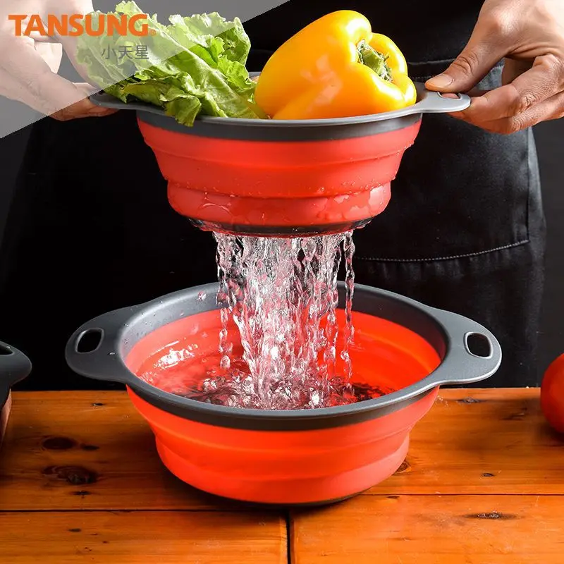 

2pcs Double folding drain basket, kitchen telescopic fruit basket, space saving household basket, creative vegetable basket