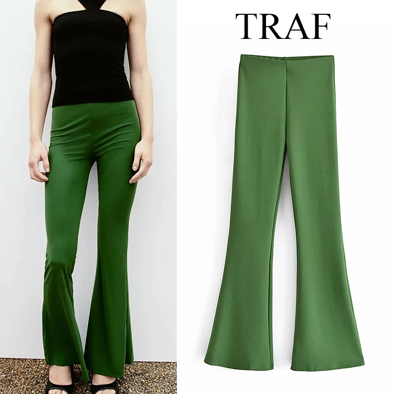 

TRAF ZA Women's Pants Fashion Vintage High Waist Elastic Solid Full Length Flare Pants Woman Clothes Long Trousers Street Wear