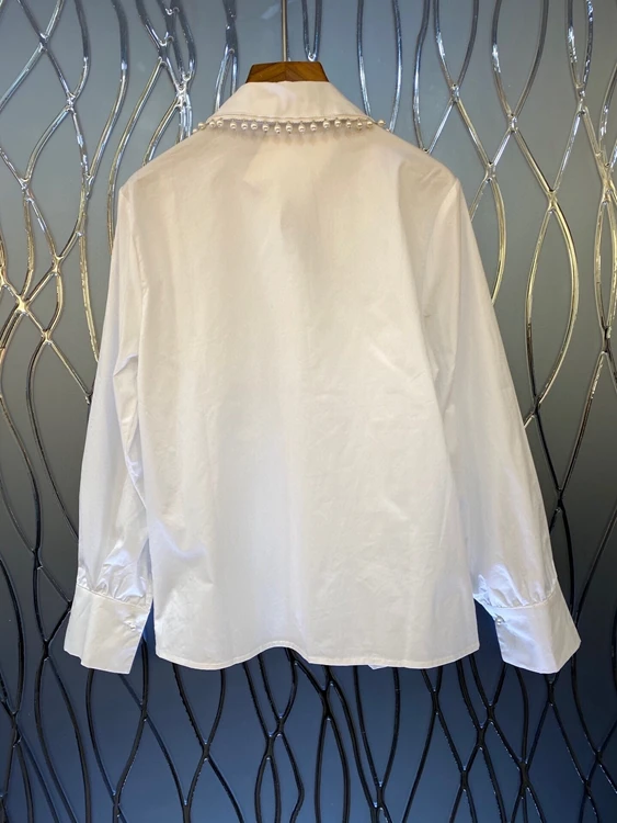 

2020 autumn and winter new women's heavy industry beaded lapel trim bow decoration long-sleeved shirt 1210