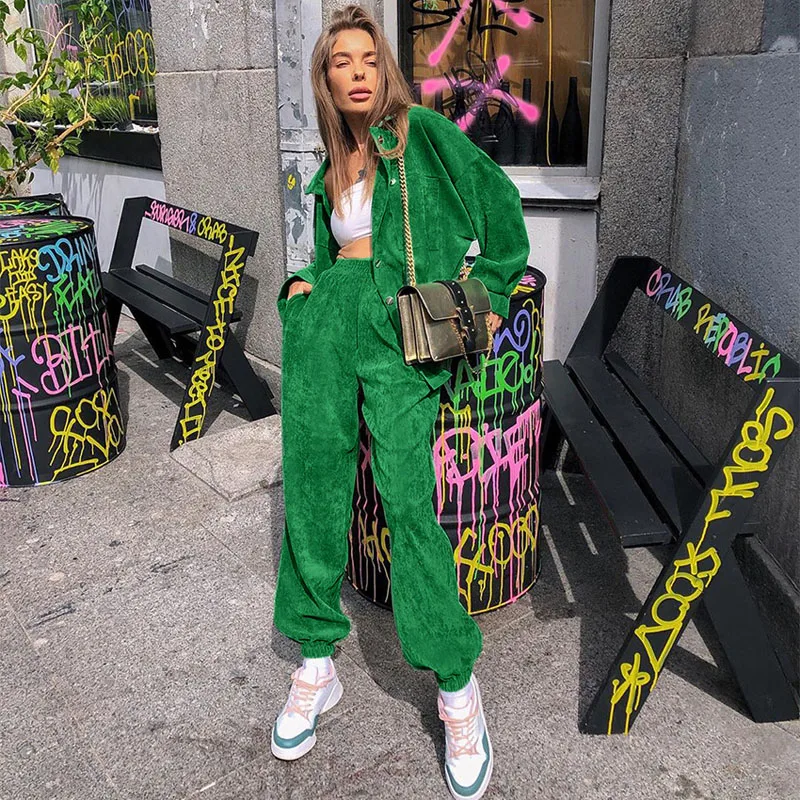 

Autumn Winter 2020 New Fashion Long Sleeve Turn-Down Collar Solid Casual Women High Quality Sets
