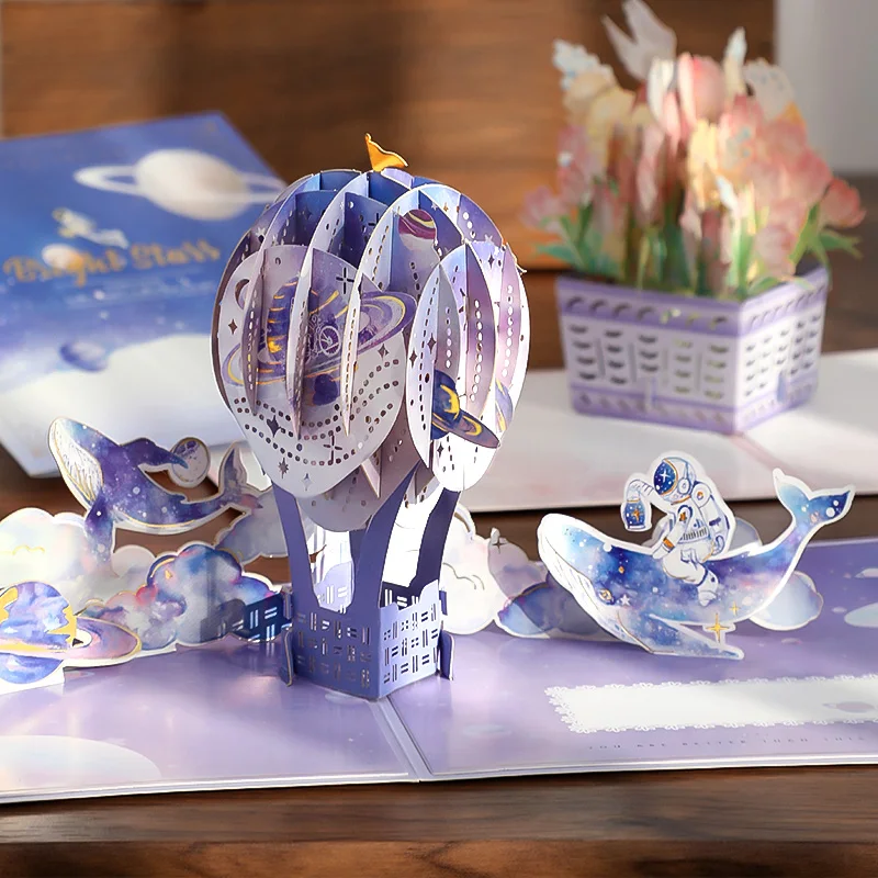 

Creative 3D Pop-up Cute Kid Space Astronaut Flower Fold DIY Greeting Card Holiday Blessing Postcard Gift with Envelope Birthday