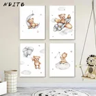 С симпатичным мишкой, самолетом, Moon Холст плакат для детской арт живопись для детской комнаты с мультяшным принтом СТЕНА картина северных детская Спальня украшения