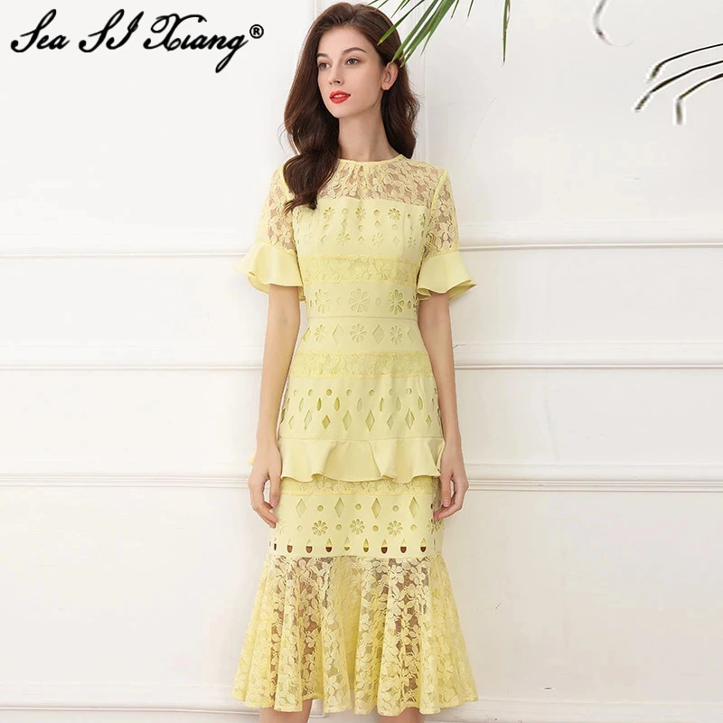 

Seasixiang Fashion Designer Summer Mermaid Dress Women O-Neck Flare Sleeve Lace Patchwork Hollow out Ruffle Elegant Party Dress