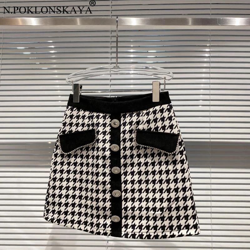 Женская осенне-зимняя мини-юбка трапециевидной формы с высокой талией и узором