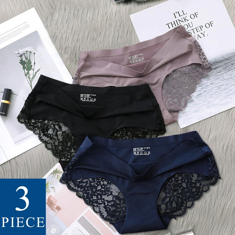 

WONTIVE 3 Pcs Set Sexy Lace Panties Seamless Women Underwear Nylon Ice Silk Briefs Cotton Lingerie Summer Cool Pink Silky Briefs
