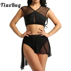 Женский ассиметричный танцевальный костюм, сетчатый укороченный топ с Одежда для танцев, пачка балериной, трико с юбкой