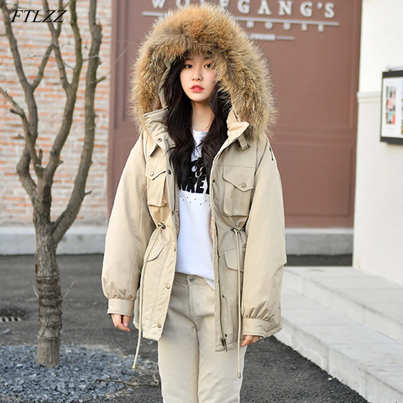 

FTLZZ 2020 Winter Women Jacket Big Natural Fur Collar Hood Down Coat Thick Warm Safari Style 90% White Duck Down Parka Outwear