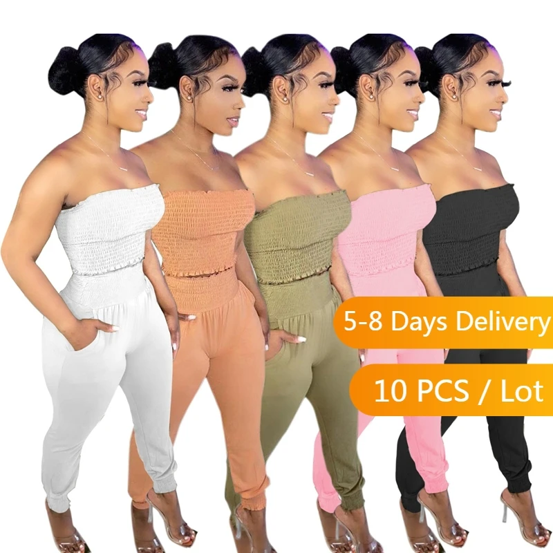 

Wholesale Items Ruched 2 Piece Sets Womens Outfits Summer Bodycon Two Piece Set Streetwear Women Strapless Crop Top Pants Set