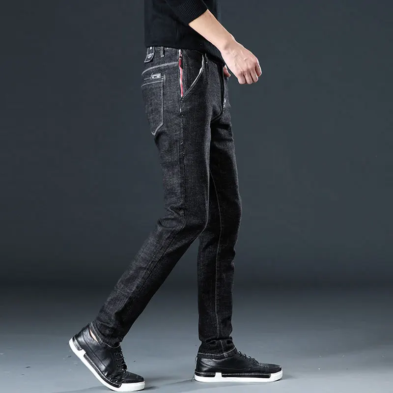 

Pure black jeans men's Korean style slim cotton long men's trousers fashion plus size oversized casual trousers