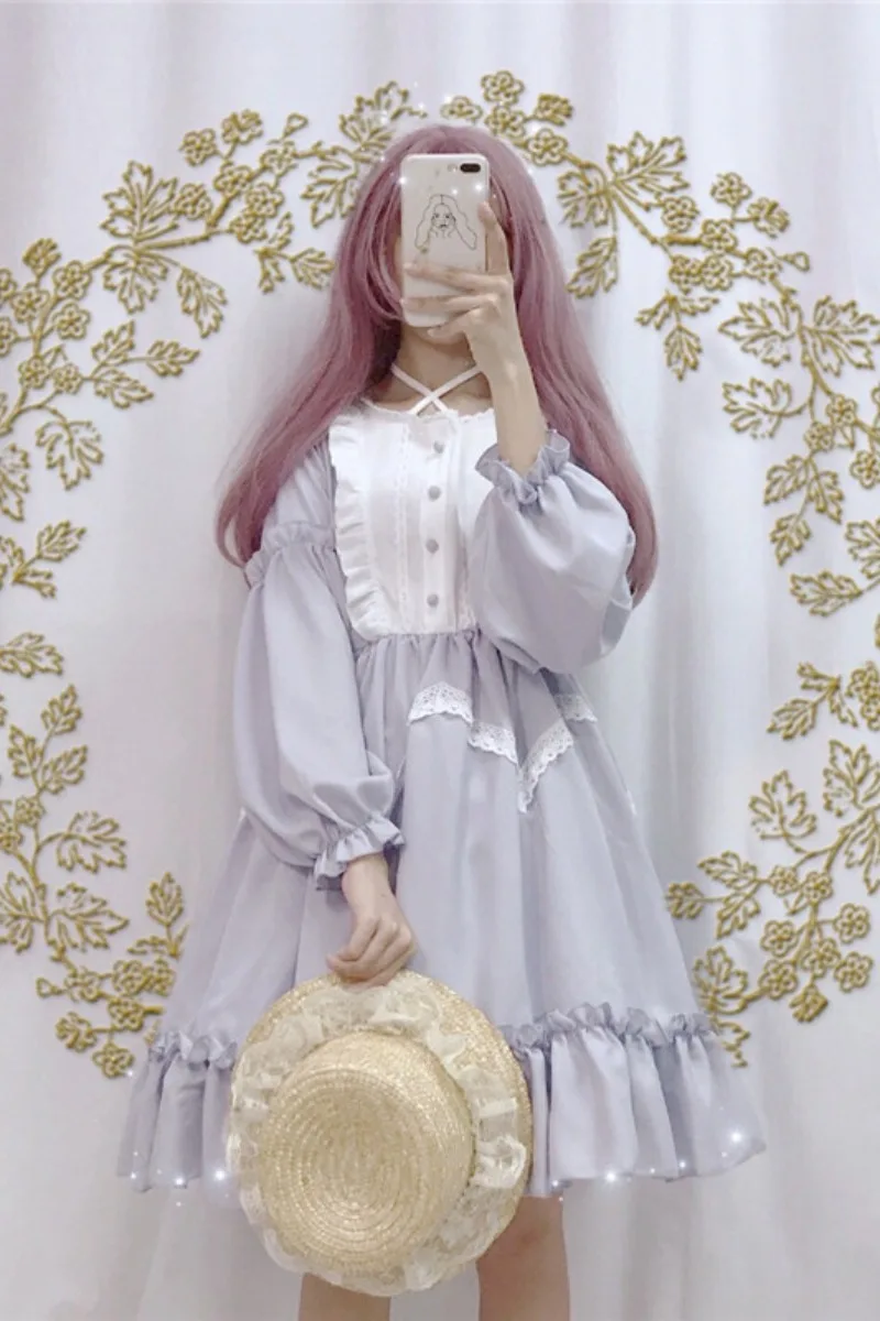 

Sweet Lolita Dress High Waist Cute Ruffles Puff Sleeves Lace Up Collar Tea Party Girl Women Dress Student Tea Party Halloween