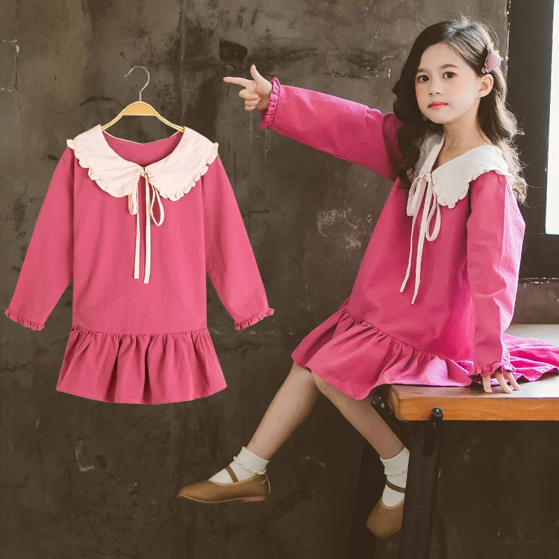 Платья для девочек-подростков 2019 осеннее хлопковое школьное платье с оборками