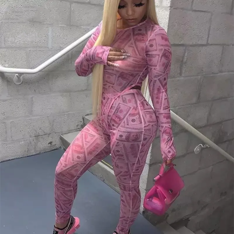 

Two Piece Set women Mesh Print Night Club Long sleeve Bodysuit & Pants Party 2 Pieces set Party Fashion outwear Fall 2020 Outfit