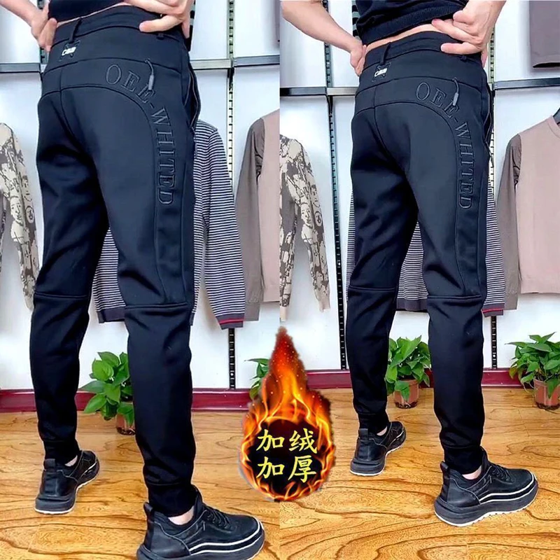 

Осенне-зимние плотные эластичные повседневные брюки, мужские трендовые спортивные брюки с вышивкой и надписью, универсальные свободные об...