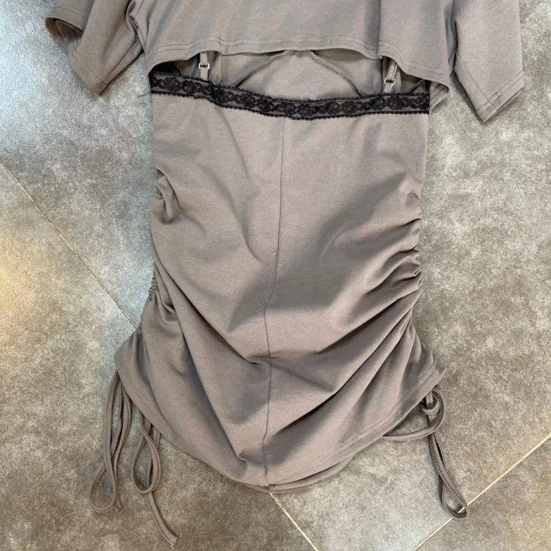 

Summer Women Side Drawstring Sexy Mini Dress Short Sleeve Lace Patchwork Backless Night Clubwear Slim Fit Bodycon Ladies Dresses