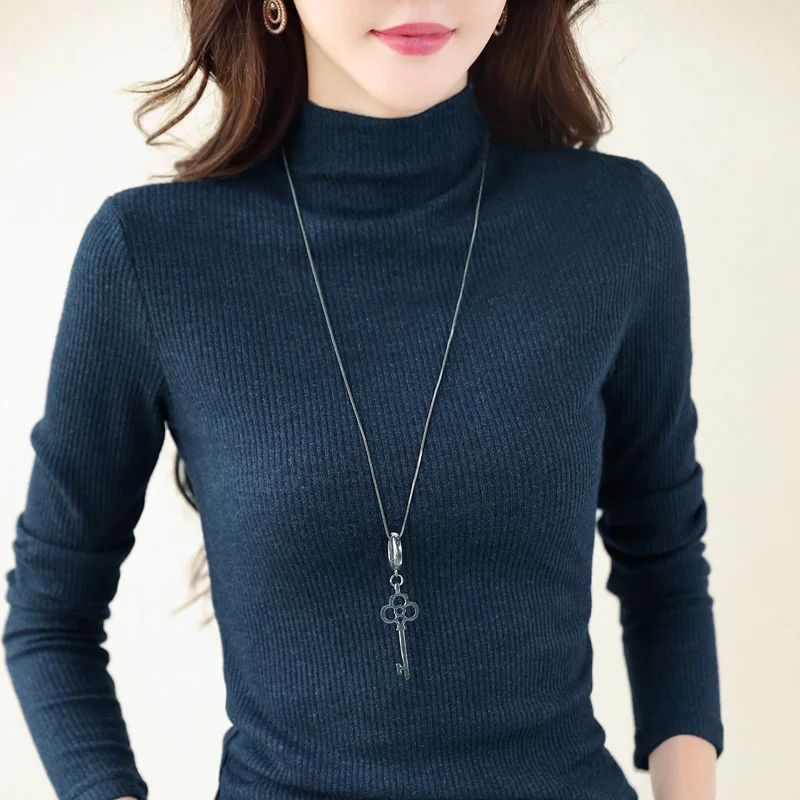 

#0361 Autumn Winter Turtleneck T Shirt For Women Elastic Cotton Skinny T Shirt Femme Solid Color Casual Womens Tshirt Slim S-3XL