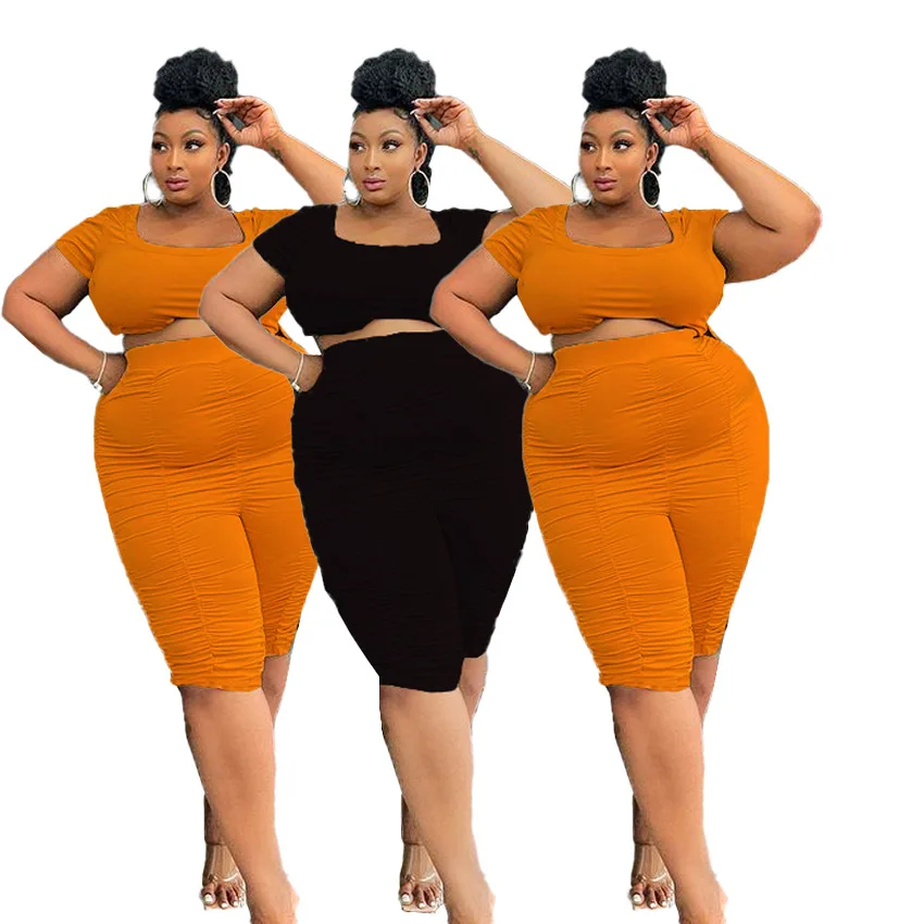 

4XL Plus Size Women's Clothing Two Piece Fashion Square Collar Personality Pleated Sexy Crop Top Solid Color Casual Loose Suit