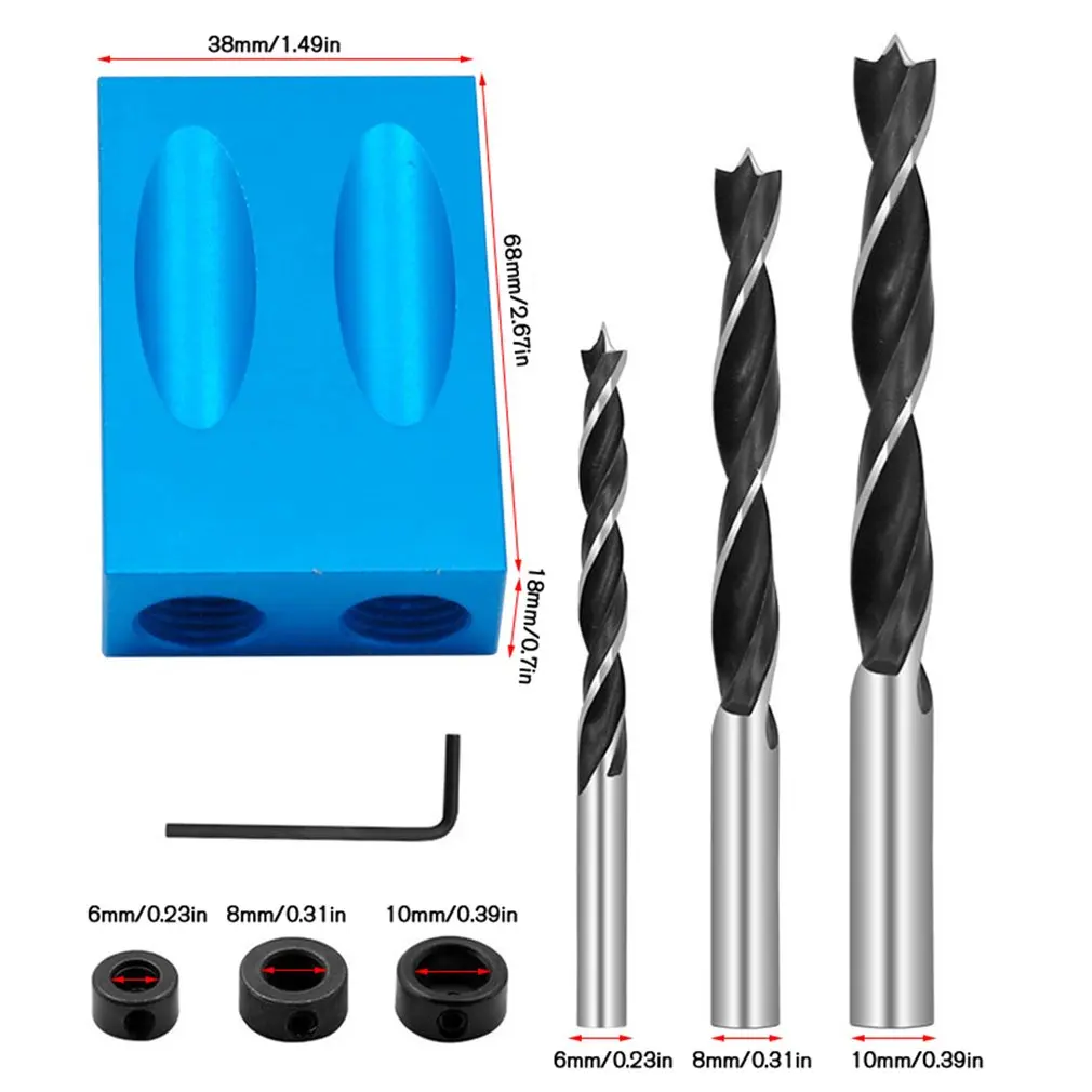 

Angle Woodworking Guide Positioner Kit 6/8/10mm Oblique Hole Locator Positioner Drilling Bits Jig Clamp Wood 1set