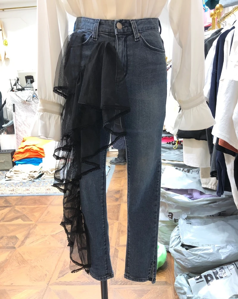 

Джинсы женские односторонние с оборками, модные байкерские брюки из денима в ковбойском стиле, винтажная одежда в Корейском стиле, черные