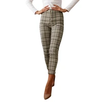 women pants fashion plaid high waist skinny pencil pants trousers female casual vintage zipper up ankle length long bottoms