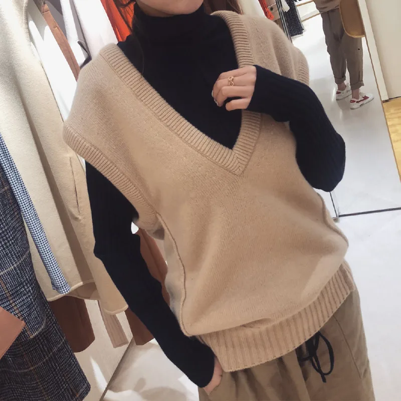 

Casual loose V-neck ladies knitted cashmere wool vest solid color pullover sleeveless sweater hot sale ATTYYWS jacket vest