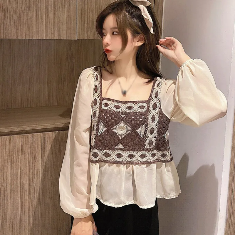 Autumn Women Fashion Square Collar Shirt Puff-sleeved Tassel Hollow Chiffon Blouses Tops 6 Autumn Women Fashion Square Collar Shirt Puff-sleeved Tassel Hollow Chiffon Blouses Tops 6