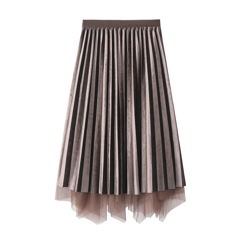 

2020 Autumn & Winter New Elastic Waist Thin Irregular Pleated Skirt Both Sides Simple High Waist Women Long Skirt Free Shipping