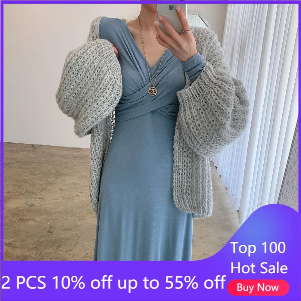 

Женский комплект из 2 предметов, Элегантное Длинное Платье с V-образным вырезом и кардиган, свитер и пальто, Осень-зима 1962 #