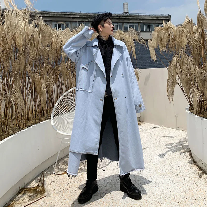 Тренчкот мужской джинсовый асимметричный винтажная уличная одежда в стиле