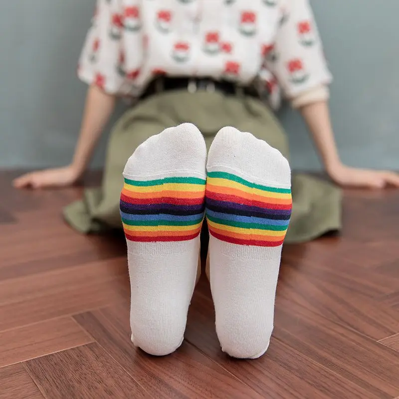 5pairs/Lot Rainbow Striped Invisible Socks Women's Fashion Casual Cotton Breathable comfortable Fashion Harajuku Funny Sox Happy