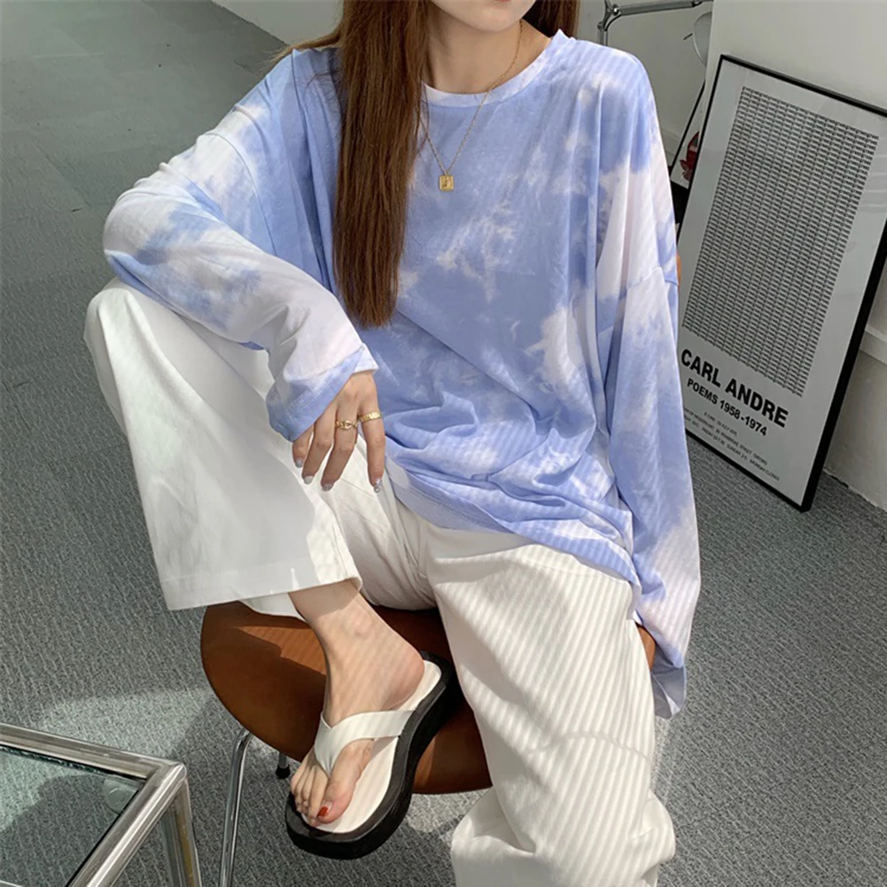 M-2XL Women Autumn O Neck Long Sleeve Loose Blouse Tie Dye Pullover Bottoming Top Women Sweetshirts Pullover Winter Clothes