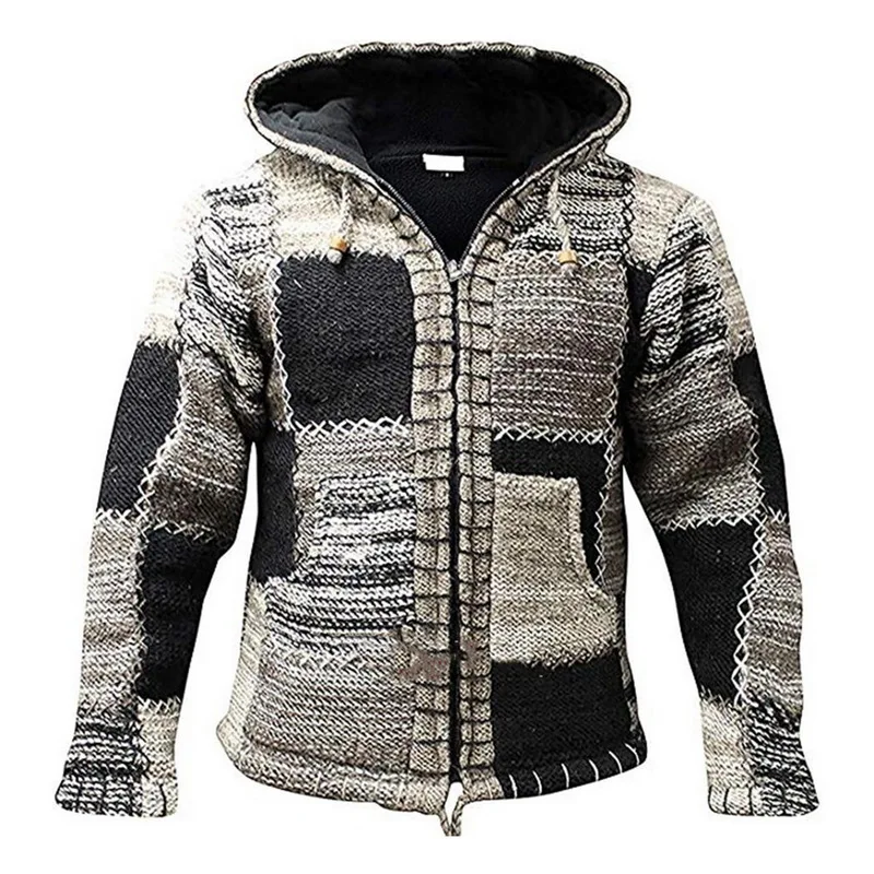 

2020 Fall Men's Hooded Sweater Cardigan Pullover Men's Winter Fashion Patchwork Knit Jacket Coat Pocket Sweater