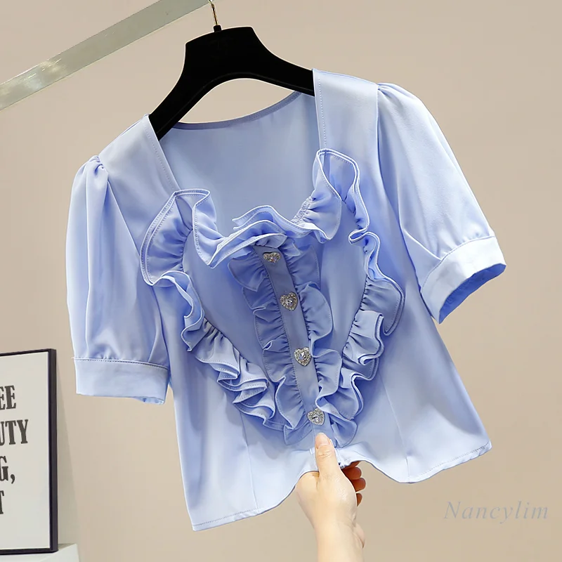 

Women;s Blouse Retro Puff Sleeve Sweet Pleated Ruffled Love Single-Breasted Short Shirt All-Matching Temperament Crop Top Blusa
