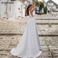 smileven satin wedding dress a line sexy v neck beaded vestido de noiva hoho bride dresses custom made wedding gowns