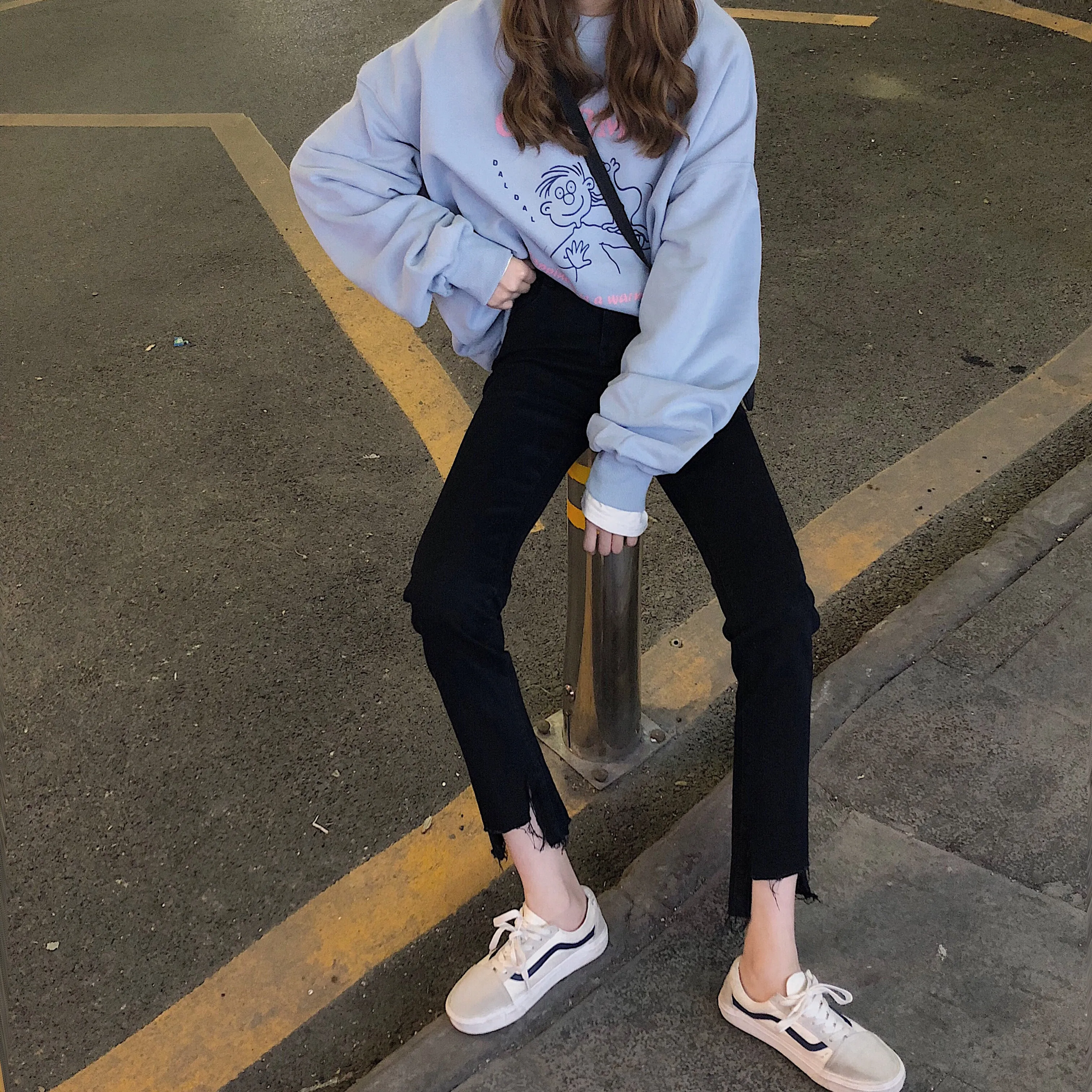 

Retro High Waist Irregular Torn Edges Cropped Jeans for Women Autumn and Winter 2020 Korean Style Loose Straight Bootleg Pants