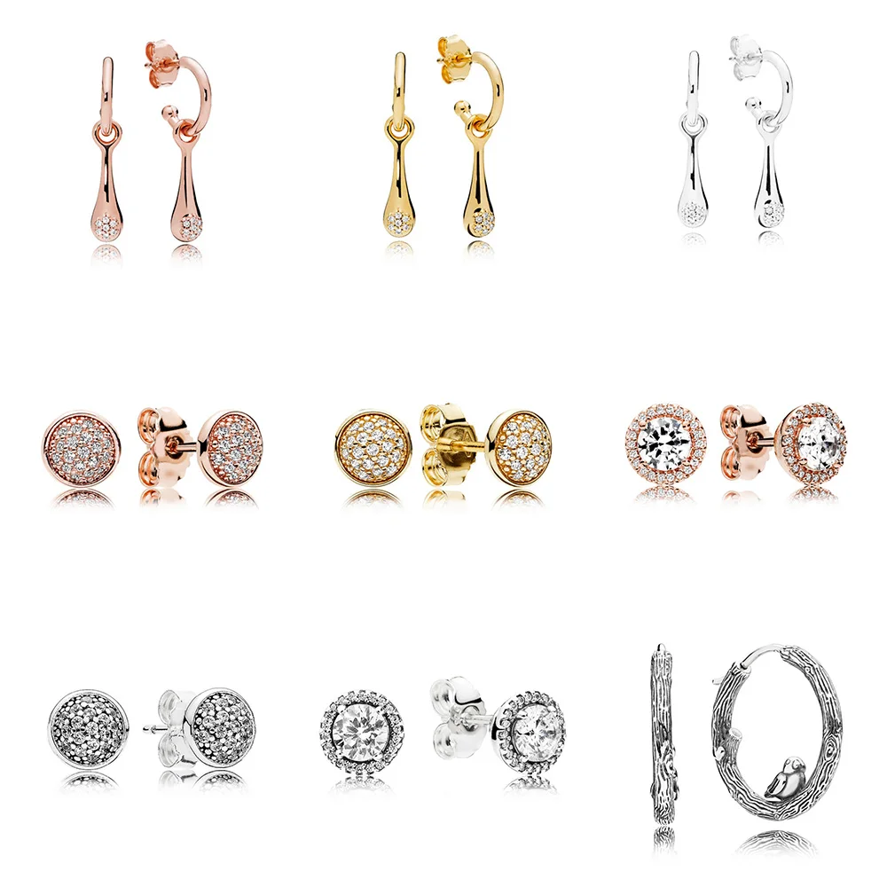 

Authentic 925 Sterling Silver Earrings Rose Gold Color Eardrop Round Shape Full Crystal Earring For Women Jewelry