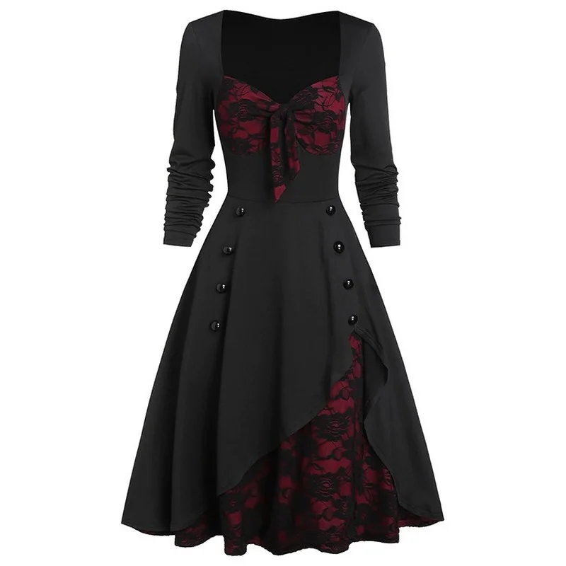 

Women Dress Palace Retro Lace Stitching Button Long Sleeve Ladies Dress Fashion Women's Dress Vestido Feminino Donsignet